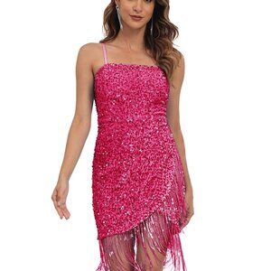 NWT Sequin Fringe Mini Dress | Hot Pink | Size 4